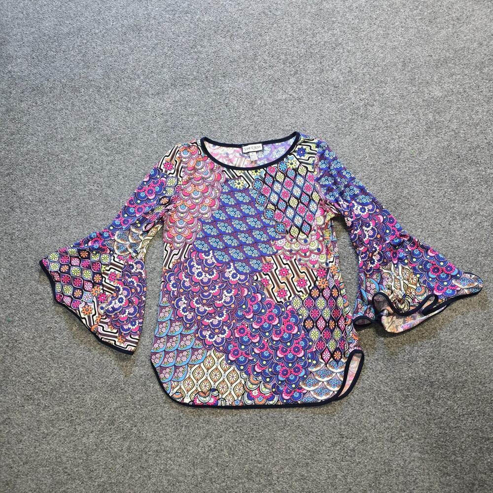 Sam And Jess Top Womens Size Small Petite Blue Floral Colorful Slinky Patchwork